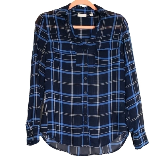 New York and Co Sheer Long Sleeve Button Up - Picture 1 of 5